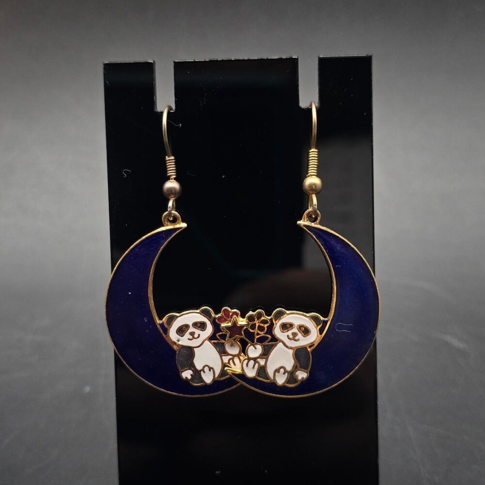 Cloisonne Panda Bears on Moon Earrings Enamel 1980s Vintage Jewelry - Picture 7 of 7